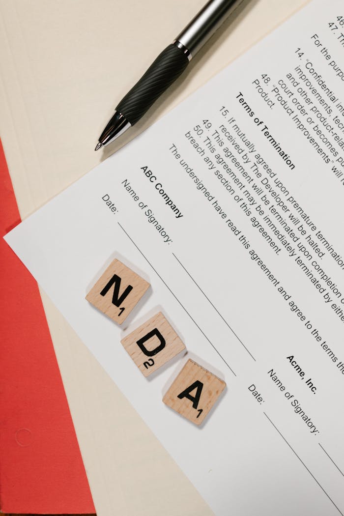 services-img NDA document on table with Scrabble tiles and pen in office setting.